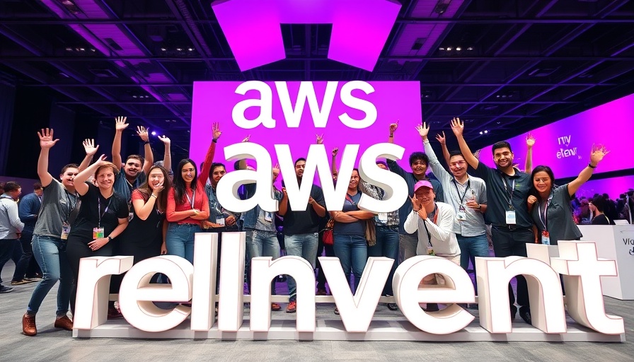 Energetic group at AWS re:Invent with colorful background.