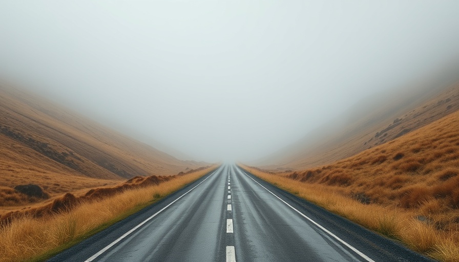 Misty mountain road fading into fog; concept of AI governance.