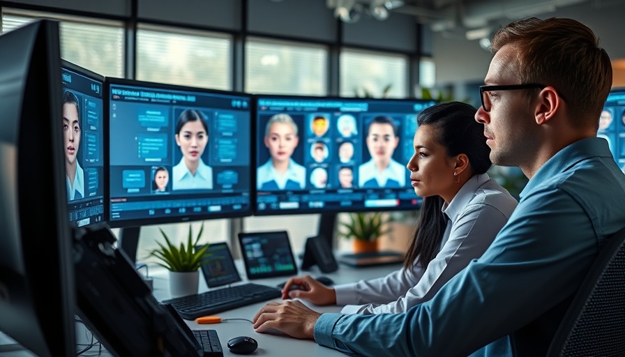 Professionals reviewing AI governance data on large screens in a modern office.