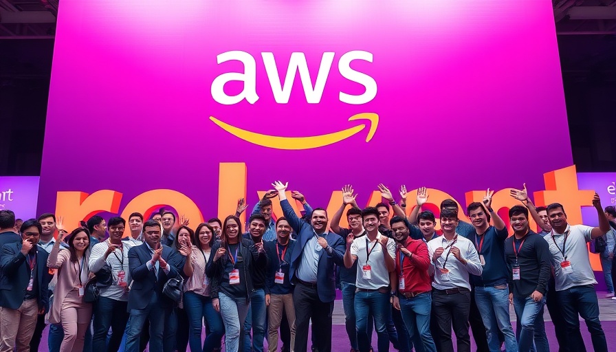 People posing at AWS re:Invent event with colorful logo backdrop.