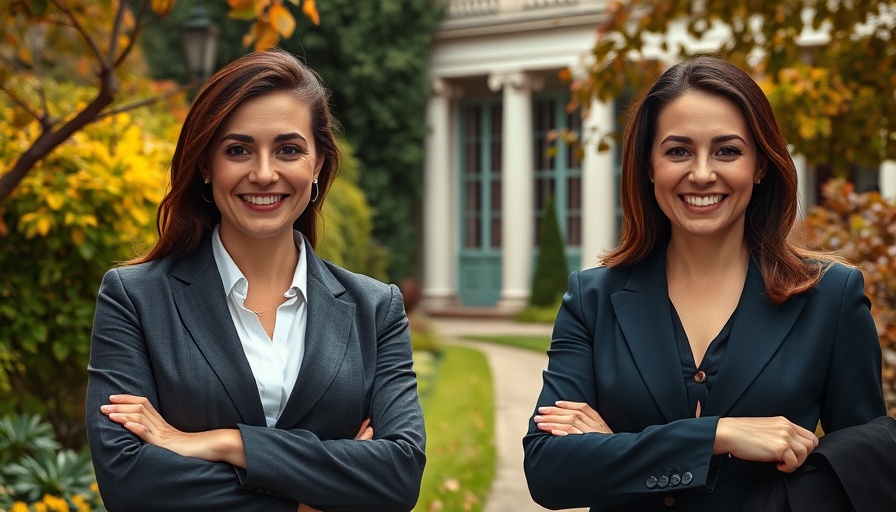 Businesswomen smiling in vibrant garden, Live AI atmosphere.