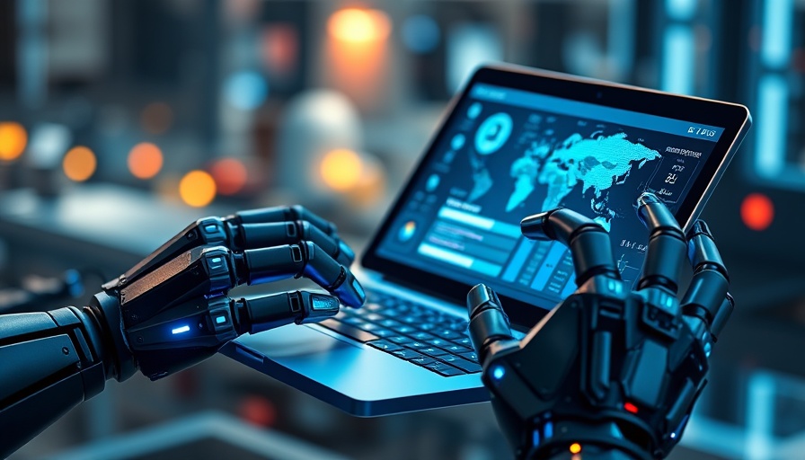 Robotic hands interacting with laptop showing AI model interface.