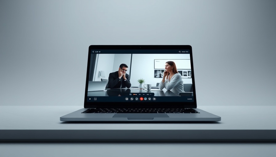 Laptop with video conference app open, showcasing tech interface.