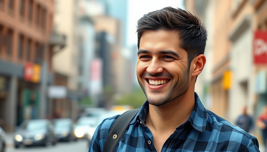 Portrait of a smiling man in a blue plaid shirt, xAI consumer app.