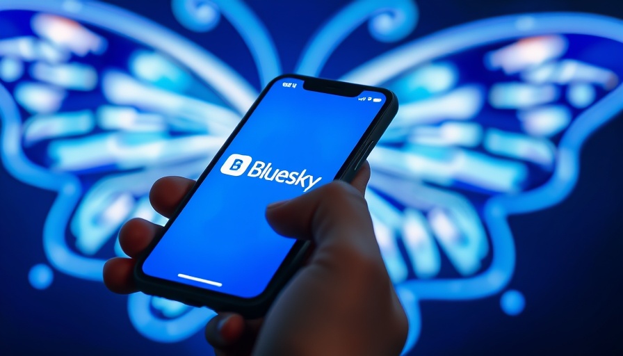 AI czar inspecting Bluesky app on smartphone with glowing logo.