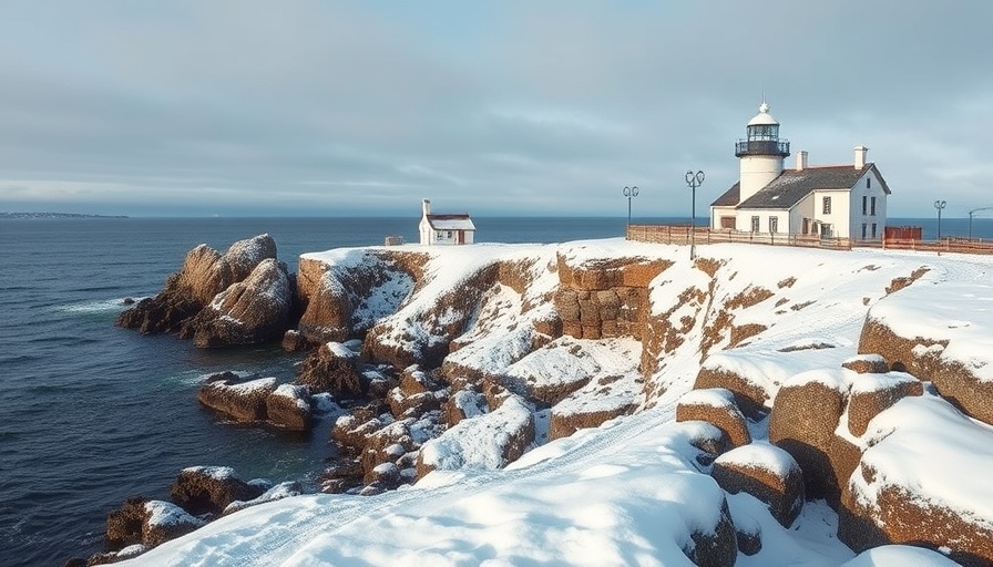 Connecticut holiday RV exploring snowy lighthouse coast.