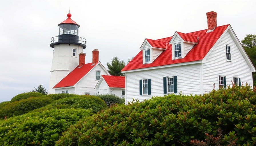 Cape Cod lighthouse with red roof and white tower against foliage.