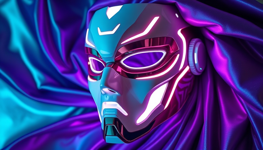 Futuristic LED mask on iridescent purple and teal fabric background.