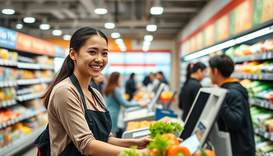 Smiling cashier in a modern supermarket representing industry trends.