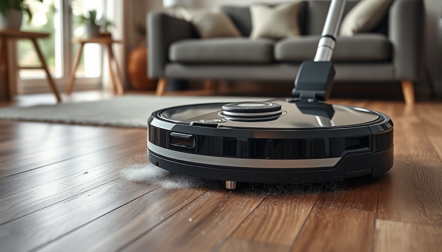 Modern robot vacuum cleaning wooden floor in living room.