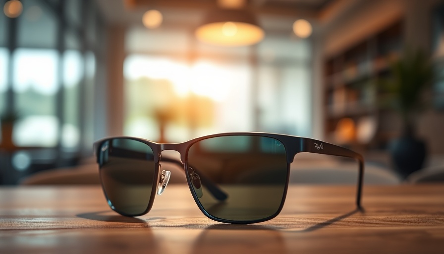 Sleek Meta Ray-Ban smart glasses on table, stylish design.