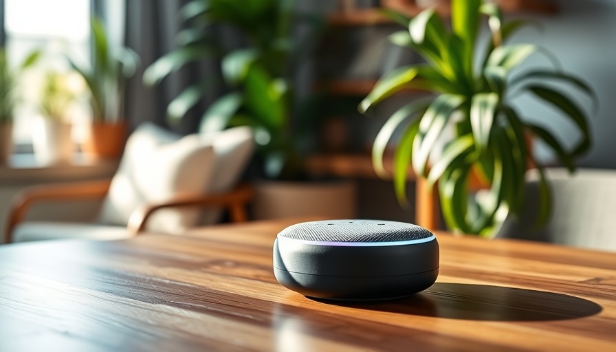 Echo Dot on wooden table with home decor and plants.