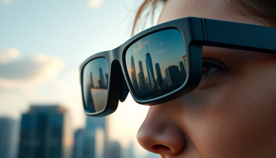 Close-up of Meta smart glasses with urban skyline reflection.