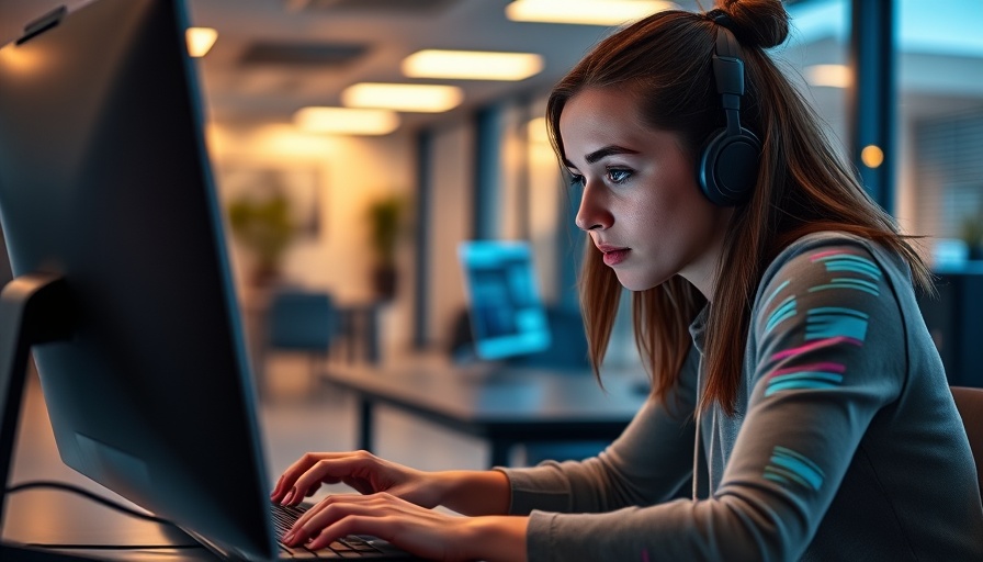 Young woman coding, demonstrating AI coding proficiency in modern office.