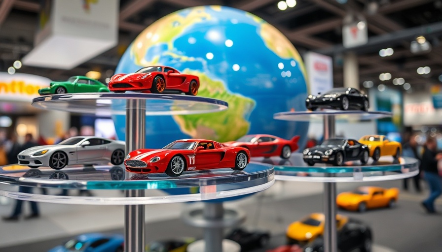 Miniature cars on a globe display at convention, reflecting Trump tariffs impact.