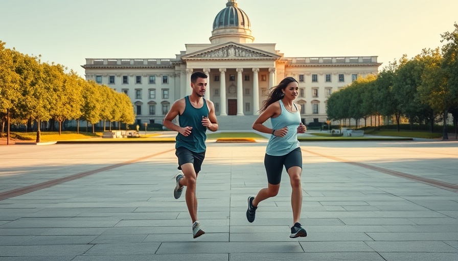 Joggers near a grand building, serene morning scene.