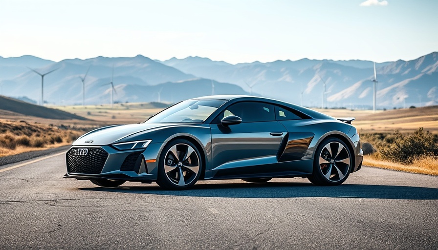 Audi E-Tron GT on road with wind turbines in the background.