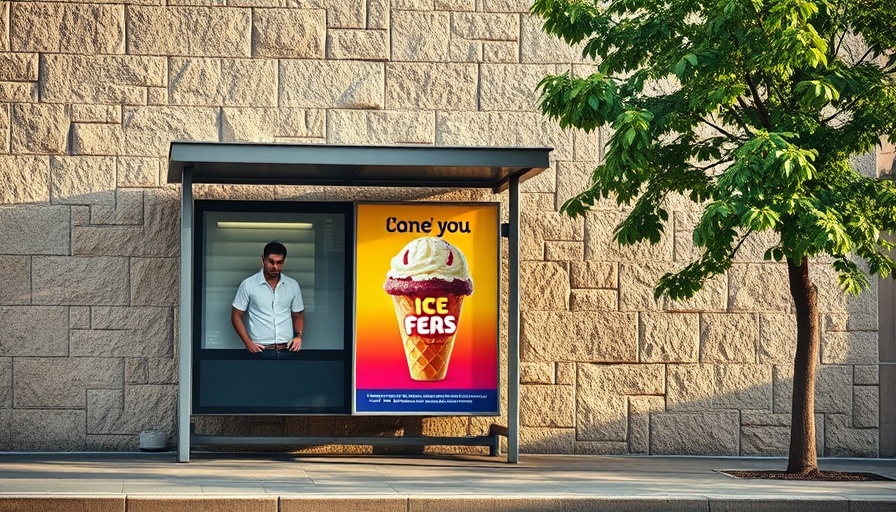 Colorful ice cream delivery ad on street bus stop, city scene.