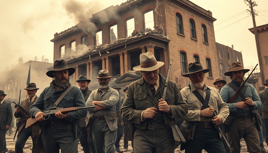 Historical image of Wilmington Massacre aftermath with armed men.