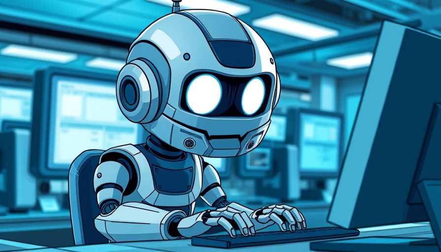 GUI Automation robot at computer desk in futuristic style.
