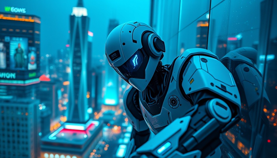 AI innovation depicted by a futuristic robot climbing a cyber wall.