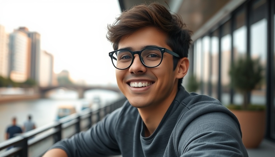 Smiling young man outdoors, relaxed, photorealistic, AI investment concept.