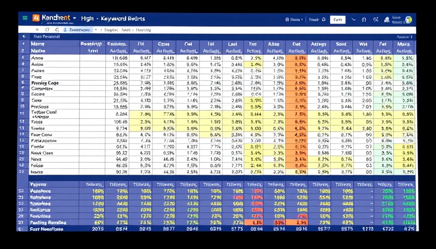 Keyword research template displaying SEO metrics for queries.