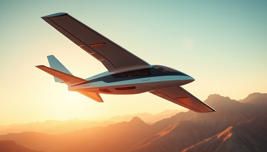 Futuristic electric flights aircraft in scenic mountain sky.