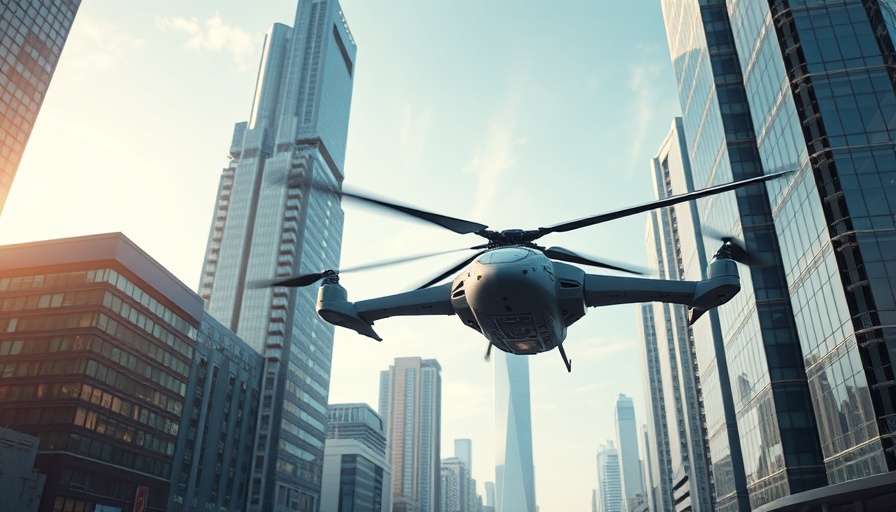 Vertical Aerospace vehicle hovering in a futuristic cityscape.
