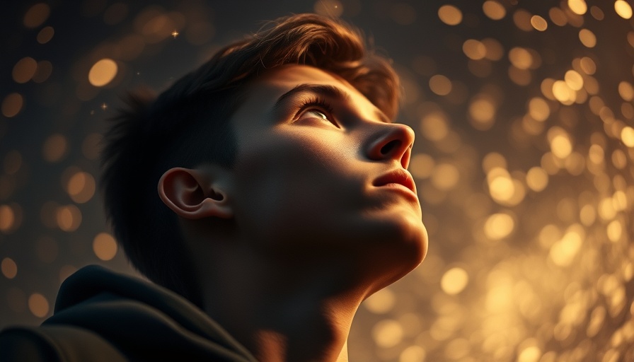 Young man pondering in a magical atmosphere with sparkling lights. Master Large Language Models.