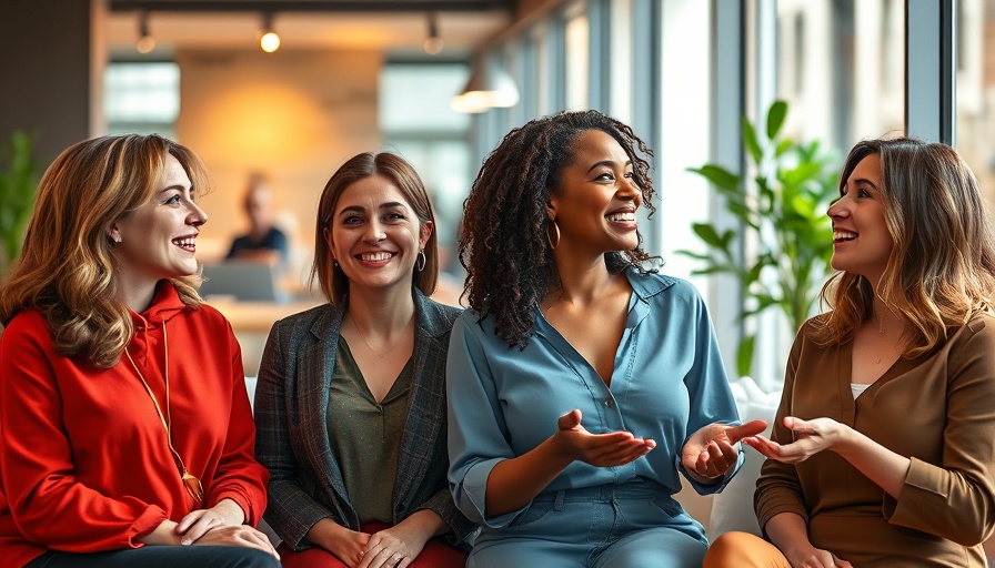 Women discussing AI innovation in vibrant split-screen layout.