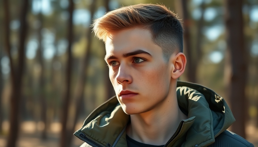 Young man outdoors in green jacket, intense look, focus expression.