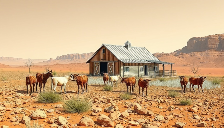Surreal farm on Mars with line art barn and animals, AI policy