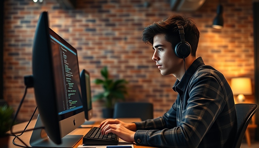 Young professional coding, IT modernization, urban office at night.