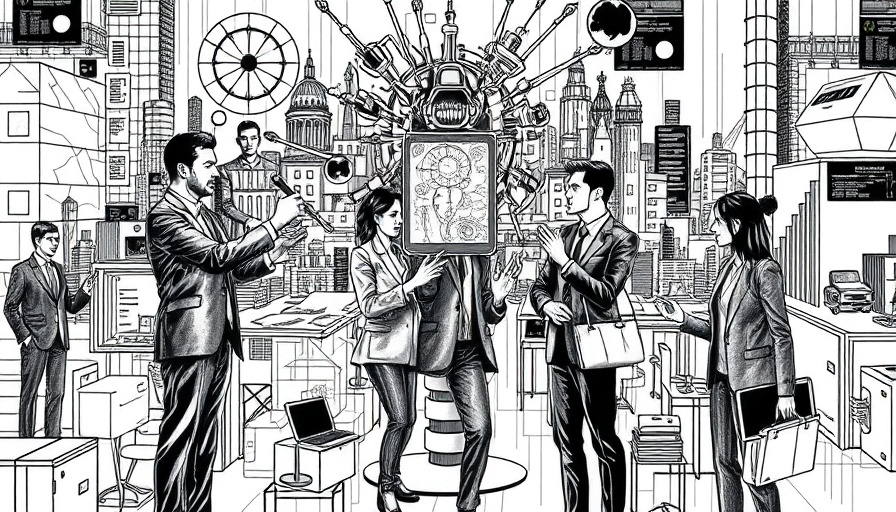 Artistic illustration of AI business integration, black and white collage.