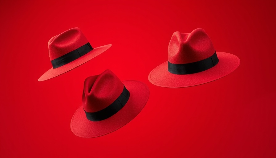 Floating red fedoras symbolizing Red Hat on a red background.