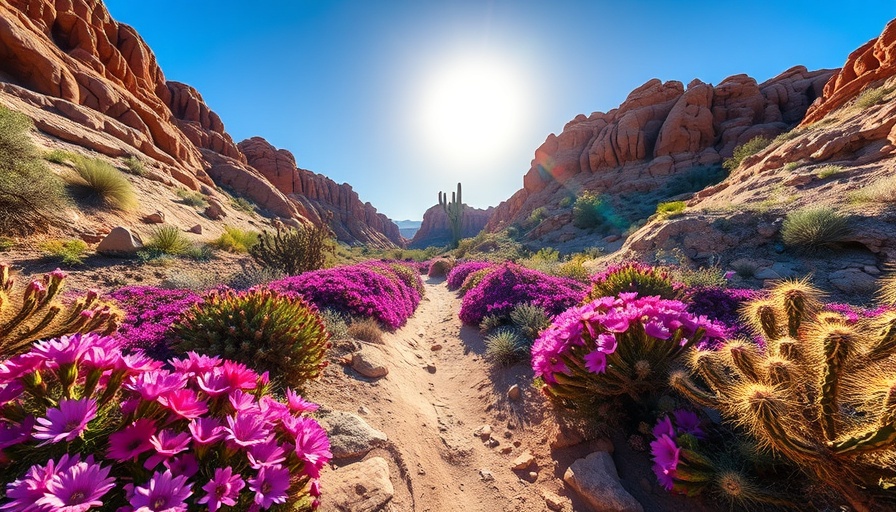 3D scene AI vibrant desert landscape with colorful plants.