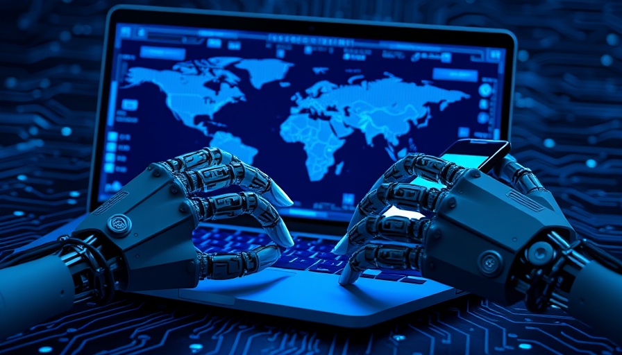 AI models: robotic hands using laptop and smartphone in cyber environment.