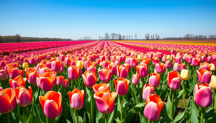 Colorful tulip field under blue sky in Connecticut