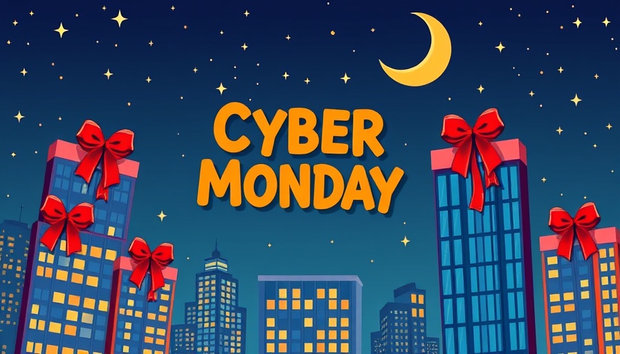 Cyber Monday 2024 cityscape illustration with gift bows and night sky.