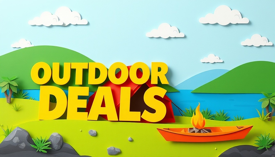 Bold 3D text 'Outdoor Deals' with paper-cutout camping scene, REI Cyber Week Sale.