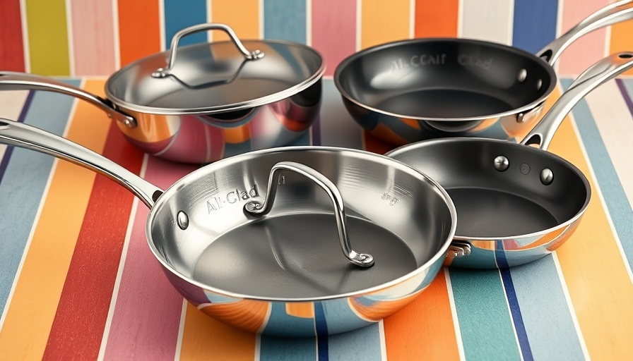 Modern All-Clad cookware set against colorful tiles.