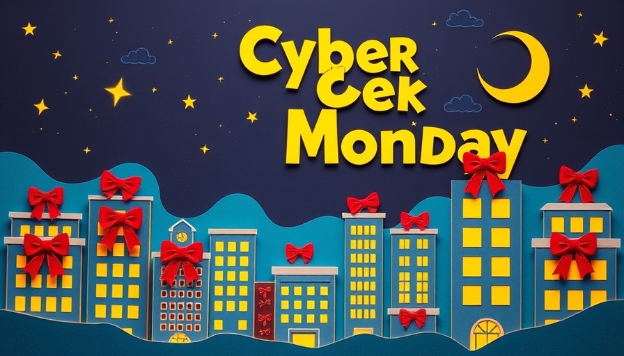 Cyber Monday paper-cut cityscape with gifts and text.