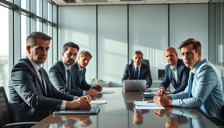Concerned executives in office discussing Intel leadership crisis.