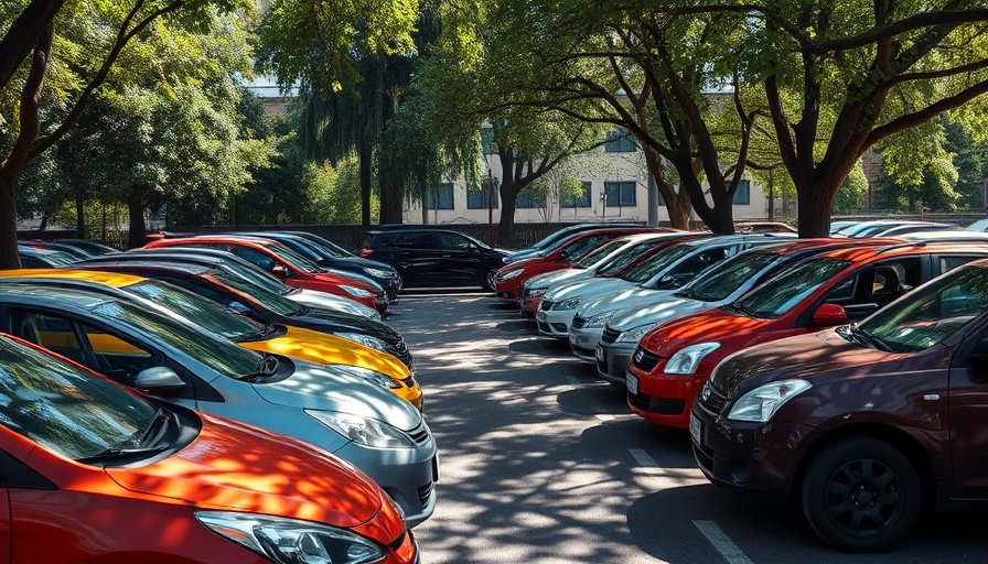 Lineup of parked cars under trees, symbolizing EV sales growth.