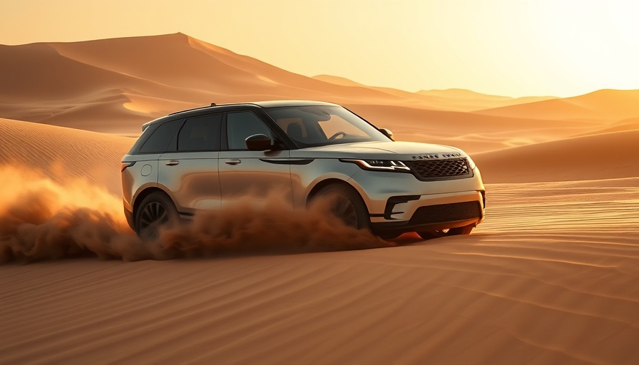 Electric Range Rover driving through desert sand dunes at sunset.