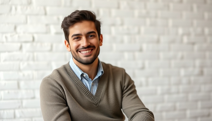 Smiling man with sweater in front of a brick wall.
