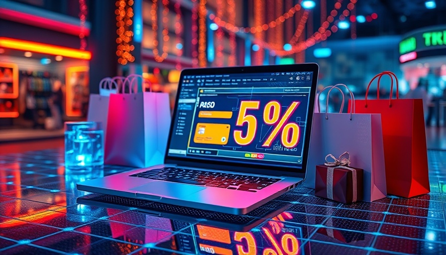 Futuristic holiday spending scene with neon elements and shopping bags.
