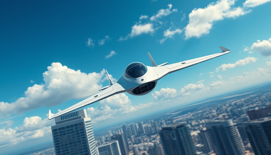 Futuristic electric aircraft in flight over cityscape