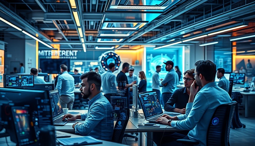 Futuristic workspace with developers using advanced technology. Developer skills 2025.